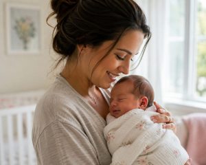 Mother holding her newborn baby at home, representing a growing Houston family whose housing needs may change before the real estate market does.