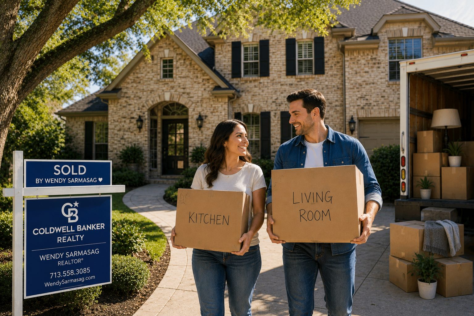 Couple moving from their starter home into a larger home in Houston after building home equity.